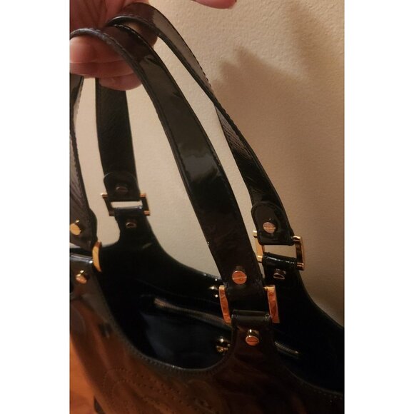 Tory Burch Bombe Tote Black Patent Leather Perforated Logo Shoulder Bag - Picture 8 of 10